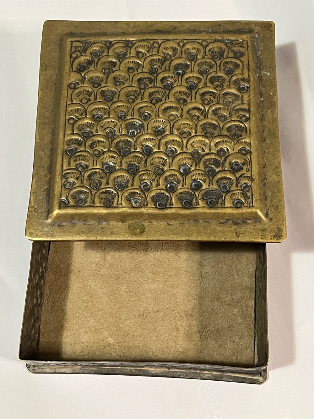 Antique Gold and Tan Embossed Metal Vanity Slide Box